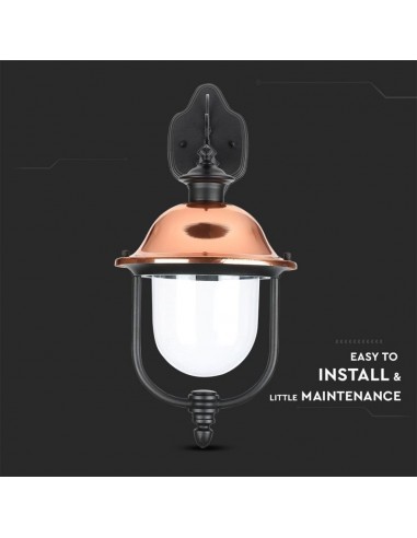 7531-Lampada LED da Muro a Lanterna con Portalampada E Max  Rivolta Verso il Basso Colore Nero e Calotta in Rame IP-6