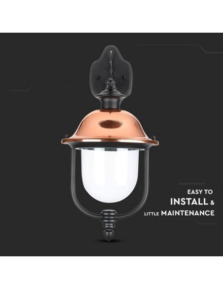 7531-Lampada LED da Muro a Lanterna con Portalampada E Max  Rivolta Verso il Basso Colore Nero e Calotta in Rame IP-6