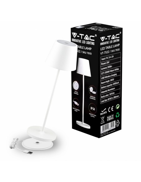 7651-Lampada LED da Tavolo  Colore Bianco in Alluminio con caricatore Wireless e Touch Dimmerabile  IP-1