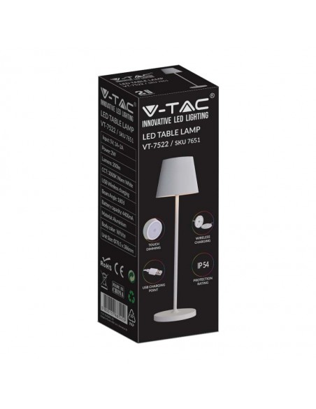 7651-Lampada LED da Tavolo  Colore Bianco in Alluminio con caricatore Wireless e Touch Dimmerabile  IP-3