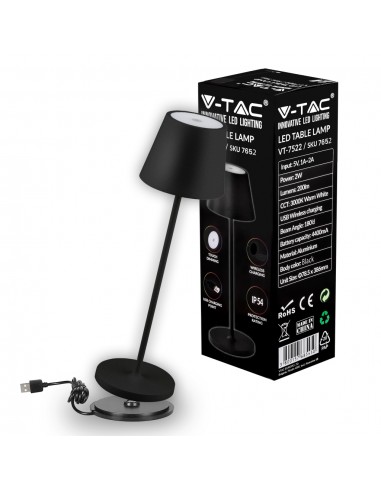 7652-Lampada LED da Tavolo  Colore Nero in Alluminio con caricatore Wireless e Touch Dimmerabile  IP-1