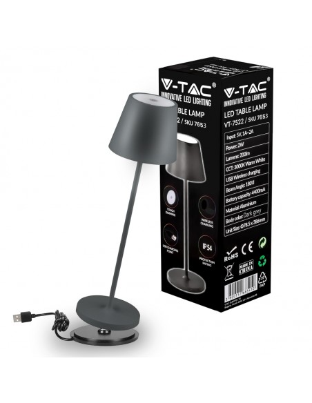 7653-Lampada LED da Tavolo  Colore Grigio in Alluminio con caricatore Wireless e Touch Dimmerabile  IP-1