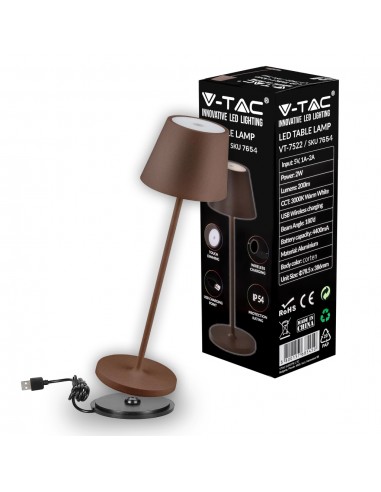 7654-Lampada LED da Tavolo  Colore Corten in Alluminio con caricatore Wireless e Touch Dimmerabile  IP-1