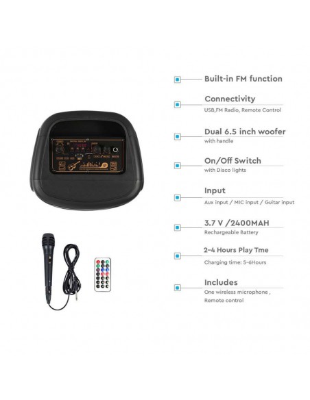 7676-Altoparlante Trolley Ricaricabile  con Microfono Cablato Telecomando e Casse  x  pollici-5