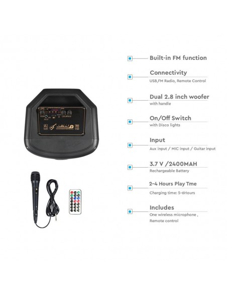 7677-Altoparlante Trolley Ricaricabile  con Microfono Cablato Telecomando e Casse  x  pollici-4