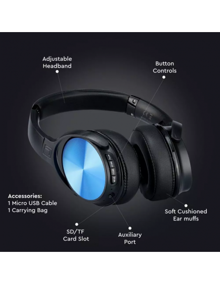 7728-Cuffia Senza Fili Bluetooth con Testa Rotante mAh Colore Blu con Custodia-5