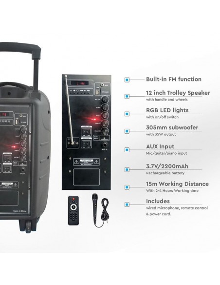 7736-Altoparlante Trolley Ricaricabile  Microfono Cablato Telecomando RGB per Cassa  pollici-4