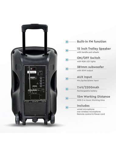 7738-Altoparlante Trolley Ricaricabile  con Microfono Wireless  uno Cablato Telecomando RGB per Cassa  pollici-5