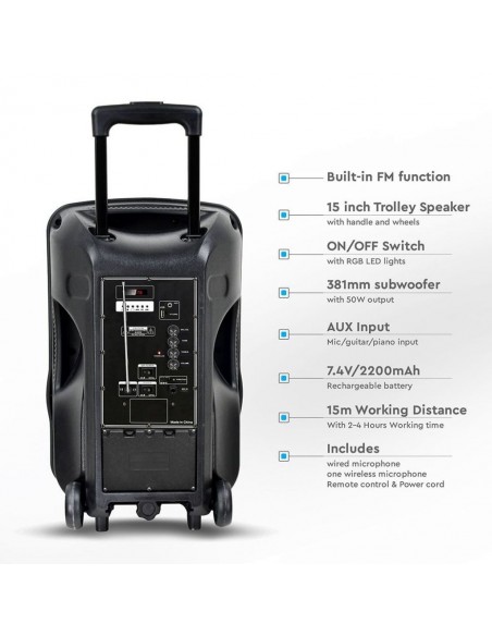 7738-Altoparlante Trolley Ricaricabile  con Microfono Wireless  uno Cablato Telecomando RGB per Cassa  pollici-5