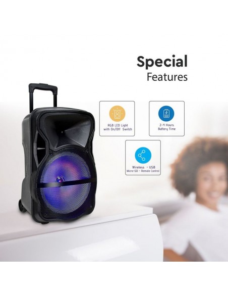 Altoparlante Trolley Ricaricabile 50W con Microfono Wireless + uno Cablato Telecomando RGB per Cassa 15 pollici