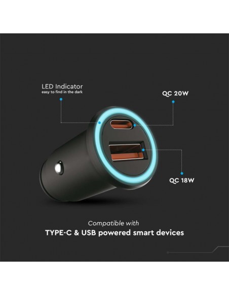 Caricatore per Auto Presa Accendisigari con 2 Porte USB Tipo-C 20W e USB-A 18W