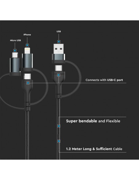 Cavo 5in1 da USB Tipo-C, USB-A a USB Tipo-C, Micro-USB, Lightning (iPhone) 1.2m Ricarica Rapida 3.1A 60W Nero