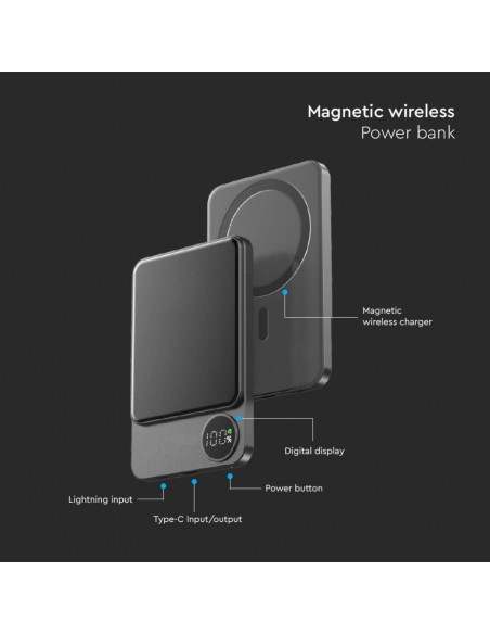 7849-Power Bank  mAh MagSafe Ultra Sottile mm in Lega di Alluminio Magnetico con Display e Ricarica Wireless Colore Grigio-3