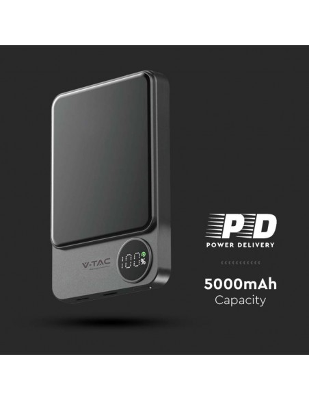 7850-Power Bank  mAh MagSafe Ultra Sottile mm in Lega di Alluminio Magnetico con Display e Ricarica Wireless Colore Grigio-7