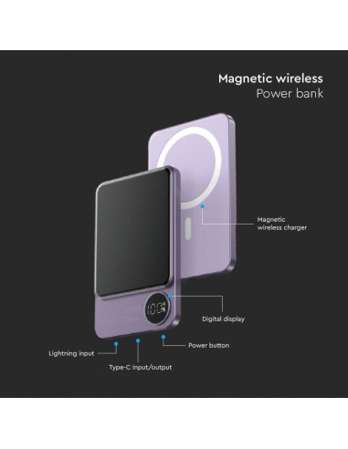 7851-Power Bank  mAh MagSafe Ultra Sottile mm in Lega di Alluminio Magnetico con Display e Ricarica Wireless Colore Viola-3