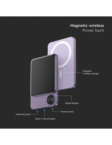 7851-Power Bank  mAh MagSafe Ultra Sottile mm in Lega di Alluminio Magnetico con Display e Ricarica Wireless Colore Viola-3