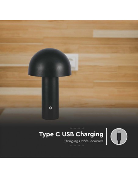 Lampada LED da Tavolo 3W con Batteria 1800mAh Ricaricabile USB C Nero in Metallo Touch Dimmerabile 3in1