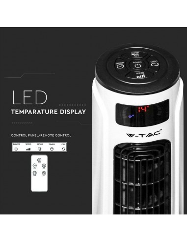 7902-Ventilatore a Torre  con Display LED con Indicatore di Temperatura e Telecomando Colore Bianco con Finiture Nere cm-7