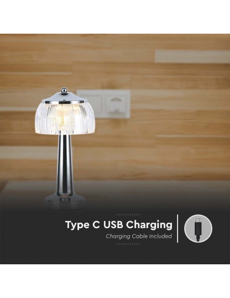 Lampada LED da Tavolo 1W 13.5*26.5 Cromo Ricaricabile con USB C Touch Dimmerabile 3in1