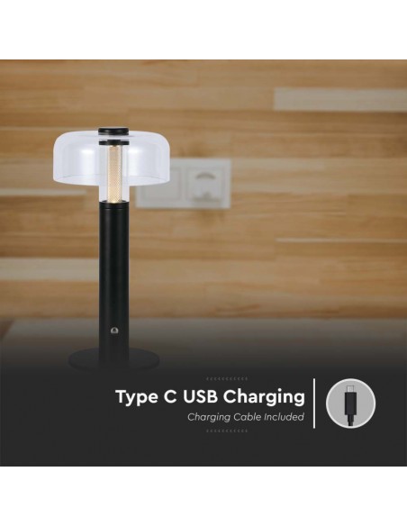 Lampada LED da Tavolo 1W Nero e Bianco Trasparente Ricaricabile con USB C Touch Dimmerabile 3in1