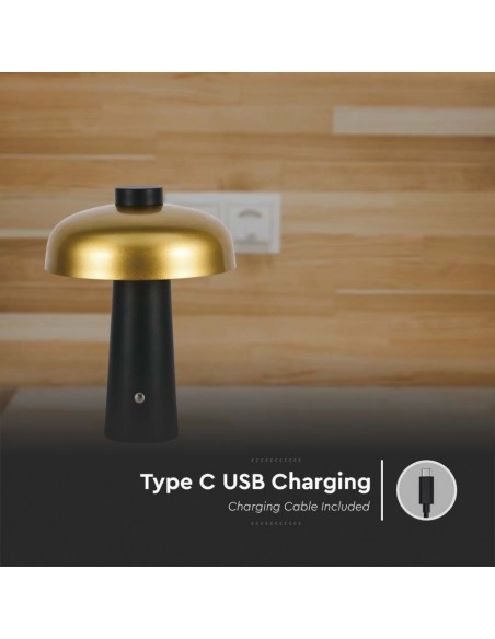 Lampada LED da Tavolo 3W con Batteria 1800mAh Ricaricabile USB C Verniciato Oro e Nero in Metallo Touch Dimmerabile 3in1