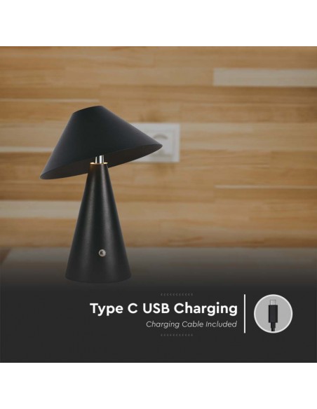 Lampada LED da Tavolo 3W Nero in Metallo Ricaricabile con USB C Touch Dimmerabile 3in1