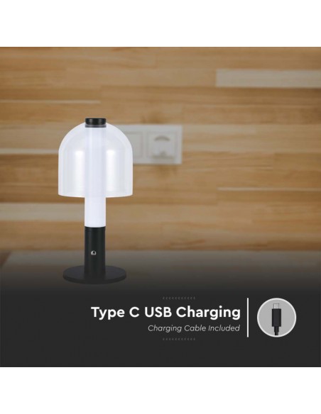 Lampada LED da Tavolo 2W Nero e Bianco Trasparente Ricaricabile con USB C Touch Dimmerabile 3in1