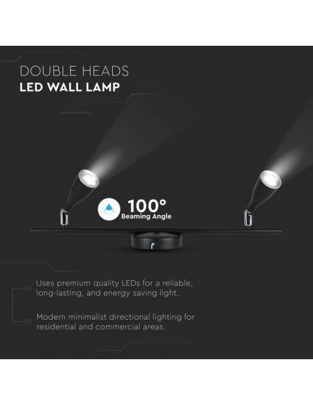 8267-Faretto LED da Muro Doppio  con Testa Orientabile Colore Nero  IP-5