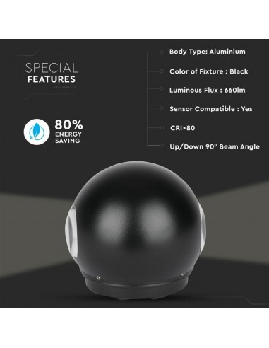 8304-Lampada LED da Muro Sferica  LM/W Doppio Fascio Luminoso Colore Nero  -6