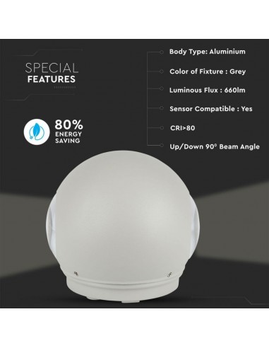 8305-Lampada LED da Muro Sferica  LM/W Doppio Fascio Luminoso Colore Grigio  -6