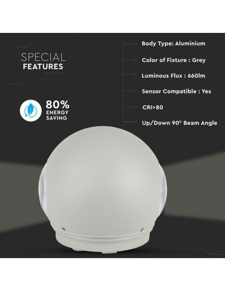 8305-Lampada LED da Muro Sferica  LM/W Doppio Fascio Luminoso Colore Grigio  -6