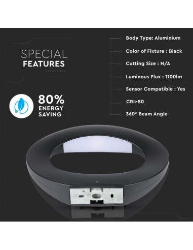 8309-Lampada LED da Muro Arrotondata  LM/W Colore Nero  IP-5