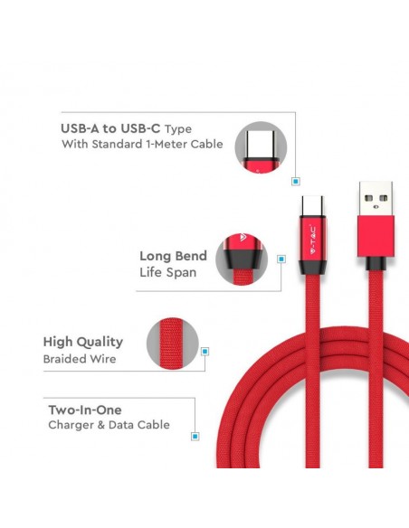 8631-Cavo da USB Tipo-C a USB-A m Ricarica Rapida A Ruby Series Cavo Antigroviglio in Corda Colore Rosso-6
