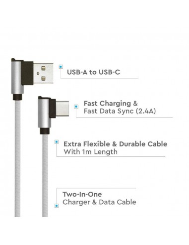 8639-Cavo da USB Tipo-C a USB-A m Ricarica Rapida A Diamond Series Cavo Antigroviglio in Corda con Connettori a L Colore Argento