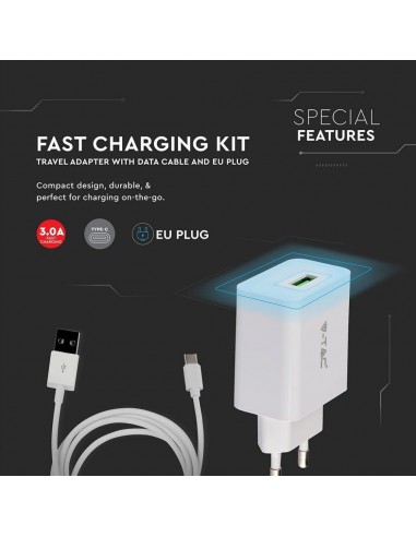 8643-Caricatore da Viaggio Ricarica Rapida A con Cavo da USB Tipo-C a USB-A Colore Bianco-6