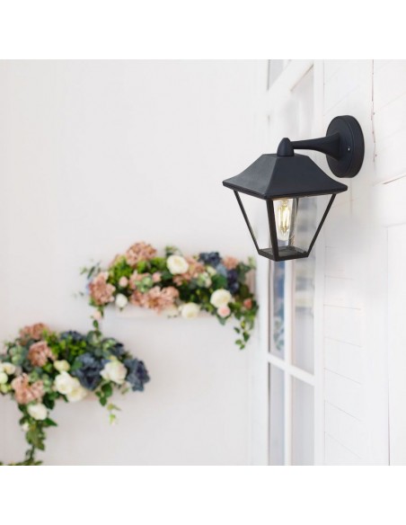 8686-Lampada LED da Muro a Lanterna in Vetro con Portalampada E Colore Nero Opaco IP-3