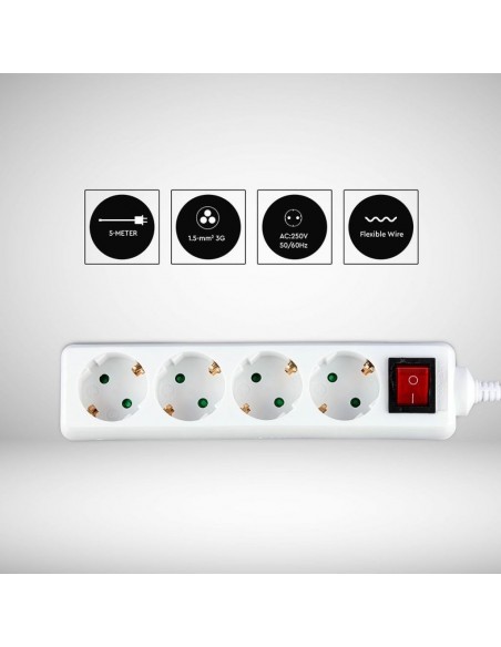Multipresa con Cavo 5m e 4x Prese Schuko 16A, Spina 16A e Interruttore Bianco
