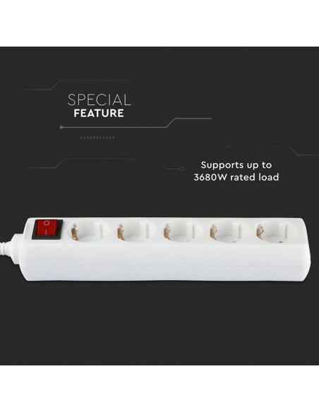 Multipresa con Cavo 5m e 5x Prese Schuko 16A, Spina 16A e Interruttore Bianco