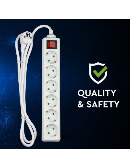 Multipresa con Cavo 1,5m e 6x Prese Schuko 16A, Spina 16A e Interruttore Bianco