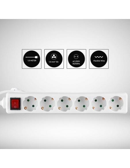 Multipresa con Cavo 5m e 6x Prese Schuko 16A, Spina 16A e Interruttore Bianco