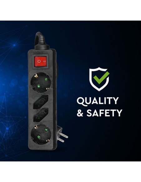 Multipresa con Cavo 1,5m e 4x Prese 10/16A (2x Eu Plug + 2x Schuko), Spina 16A e Interruttore Nero