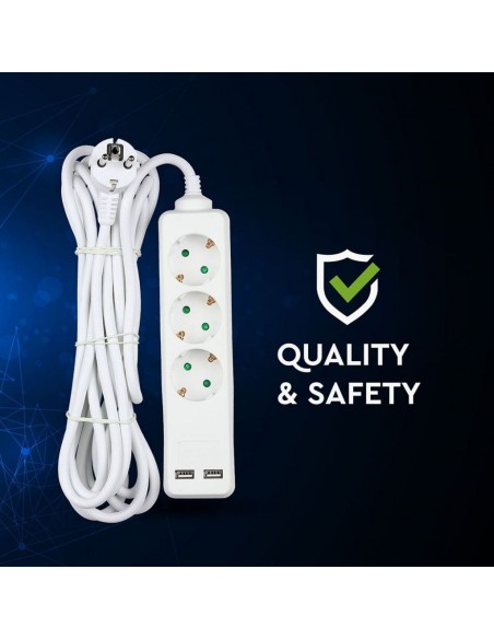 Multipresa con Cavo 5m e 3x Prese Schuko 16A, 2x Prese USB-A, Spina 16A Bianco