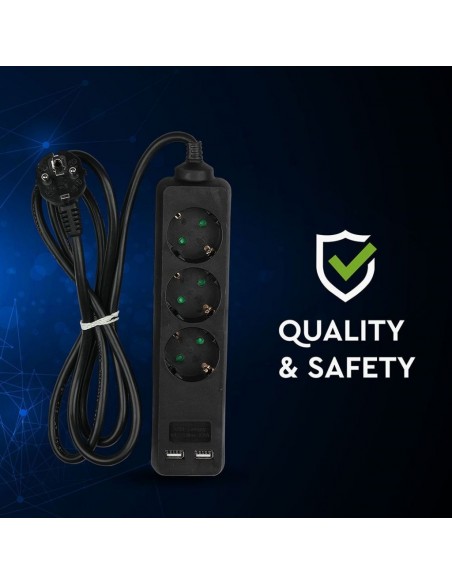 Multipresa con Cavo 1,5m e 3x Prese Schuko 10/16A, 2x Prese USB-A, Spina 16A Nero