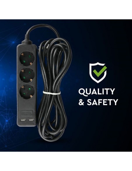 Multipresa con Cavo 5m e 3x Prese Schuko 16A, 2x Prese USB-A, Spina 16A Nero