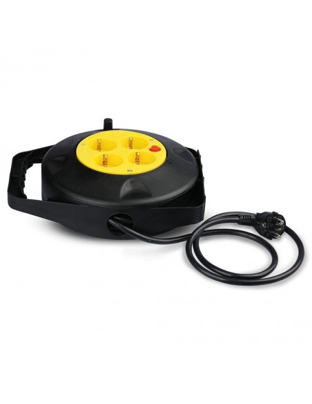 Prolunga Avvolgicavo 10m con 4x Prese Schuko 16A, Spina Schuko 16A e Protezione Termica Nero/Giallo