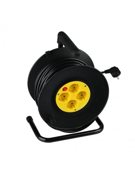 Prolunga Avvolgicavo 25m con 4x Prese Schuko 16A, Spina Schuko 16A e Protezione Termica Nero/Giallo
