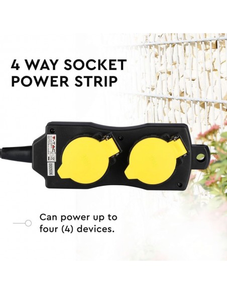Multipresa da Giardino con Cavo 3m e 4x Prese Schuko 16A con Copertura, Spina Schuko 16A Nero/Giallo IP44