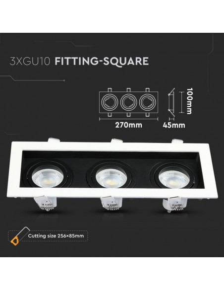 8878-Portafaretto LED Triplo da Incasso rettangolare xGU e GU MR Orientabili Colore Bianco e Nero-3