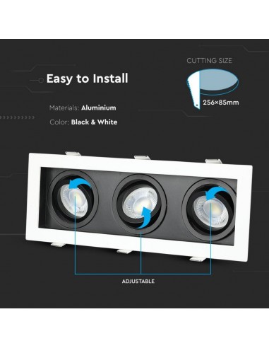 8878-Portafaretto LED Triplo da Incasso rettangolare xGU e GU MR Orientabili Colore Bianco e Nero-6