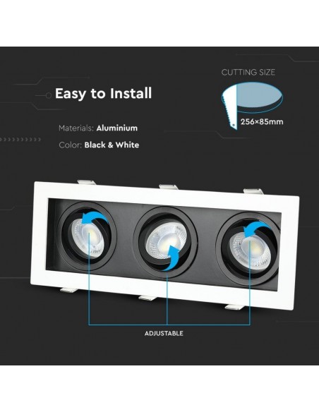 8878-Portafaretto LED Triplo da Incasso rettangolare xGU e GU MR Orientabili Colore Bianco e Nero-6
